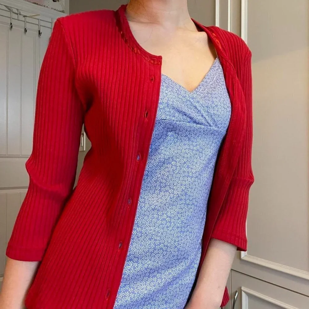 Vintage Mac & Jac Red 3/4 Sleeve Button-Up Cardigan - M - Picture 7 of 11